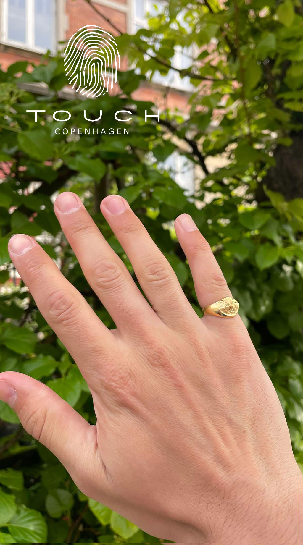 Forgyldt ring med aftryk af kattesnude, vist på hånd med natur baggrund fra Tuch Copenhagen